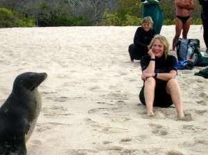 Me, enjoying our Galapagos sea lion visitor.