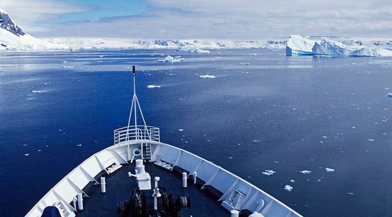 Ship deck, Antarctica expedition, approaching icebergs