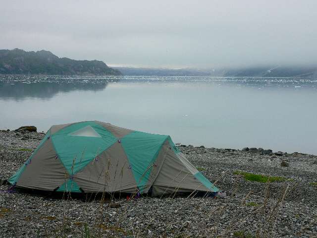 Tent with Glacier Bay and ice in the background