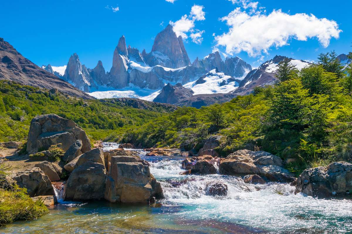 Wonderful view of Mount Fitz Roy (Cerro Fitz Roy) near the Poincenot camp in Los Glaciares National Park Patagonia - El Chalten - Argentina