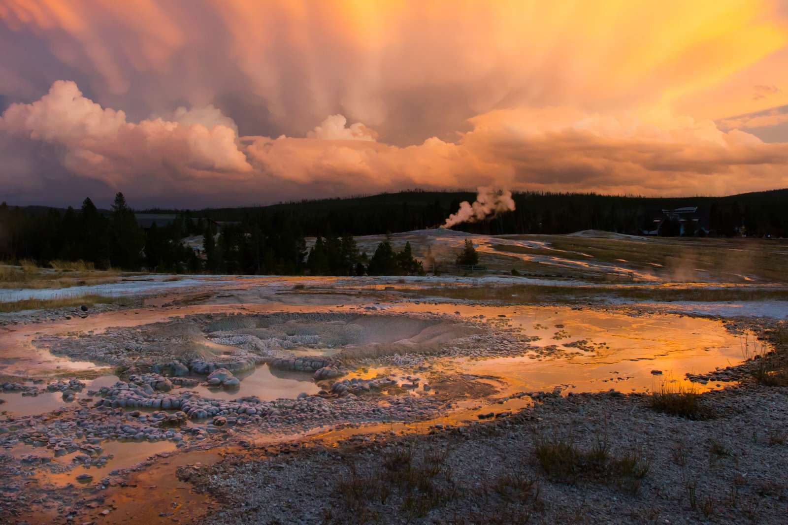 Yellowstone sunset over hot springs