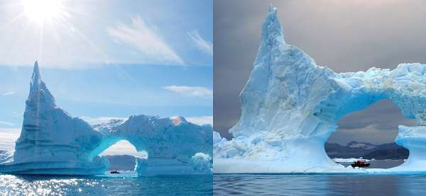 What a difference a day makes. On the left, a gigantic iceberg dwarfs our Zodiac on a sunny day in Sermilik Fjord. On the right, the same berg a day later, after ice melt and stormy conditions.
