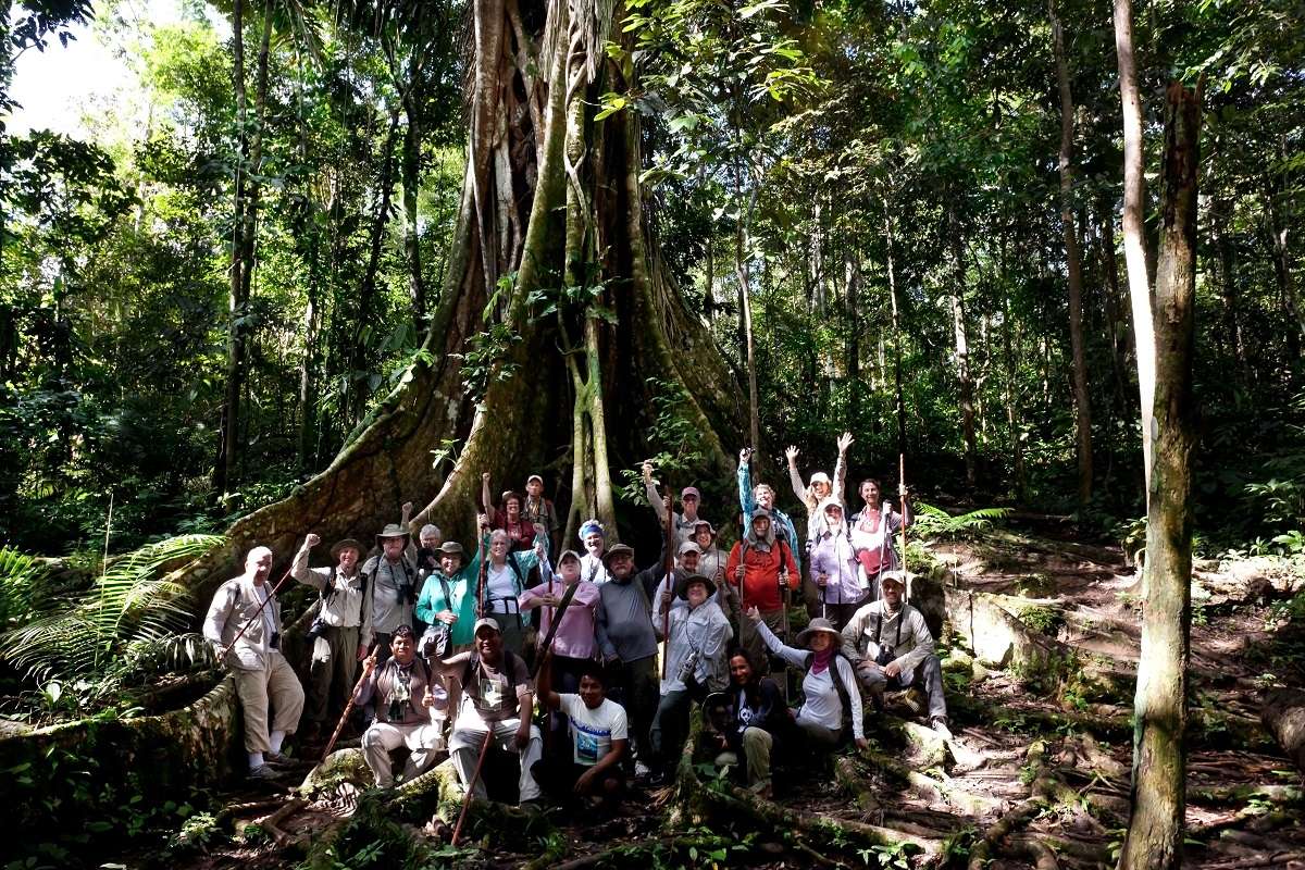 Nat Hab travelers pose by a massive tree in the Amazon rain forest.