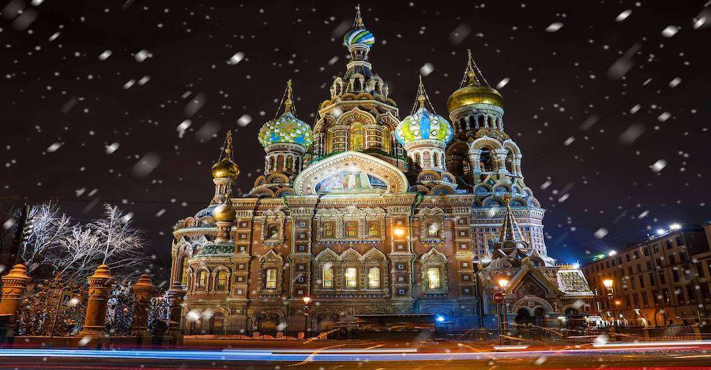 The gilded domes of the Church of the Savior of Spilled Blood in St. Petersburg.
