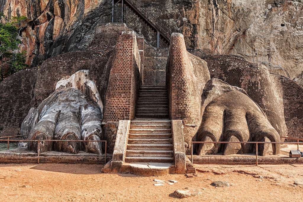 Famous Sri Lankan tourist landmark - lion's paws pathway on Sigiriya rock, Sri Lanka