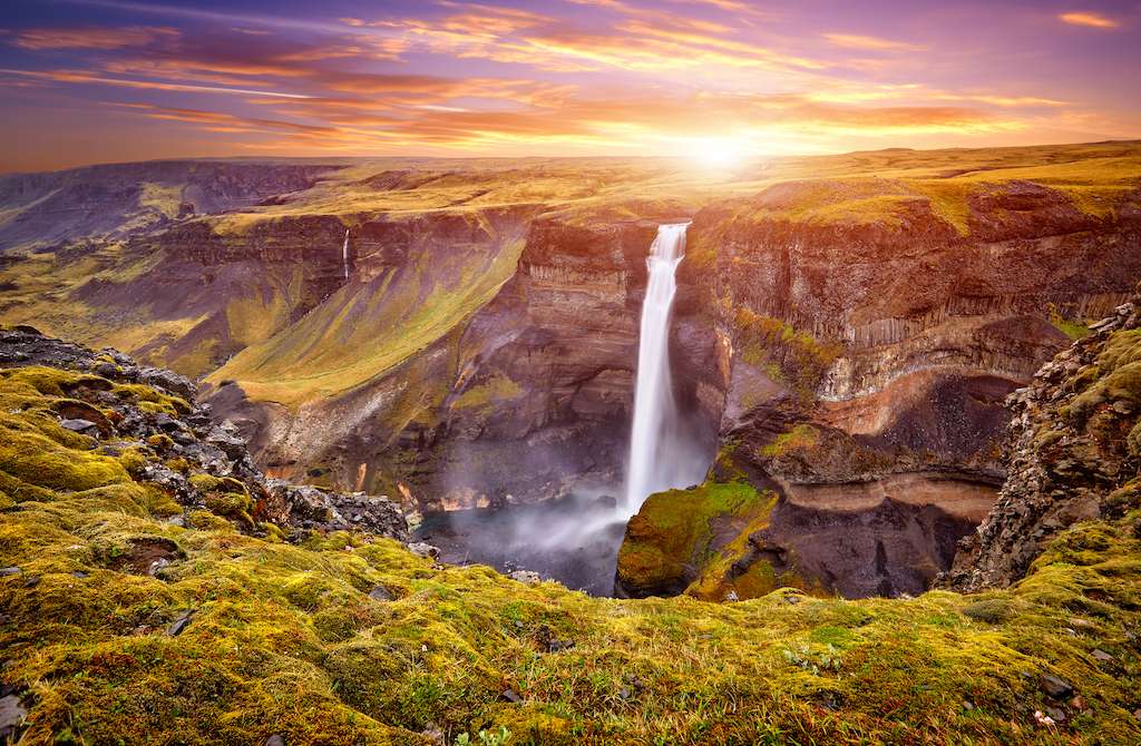 Panoramic view of Haifoss waterfall on the Fossa river near the volcano Hekla, one of the four highest waterfalls in the island with a height of 122 meters in Southwest Iceland, Scandinavia, Europe