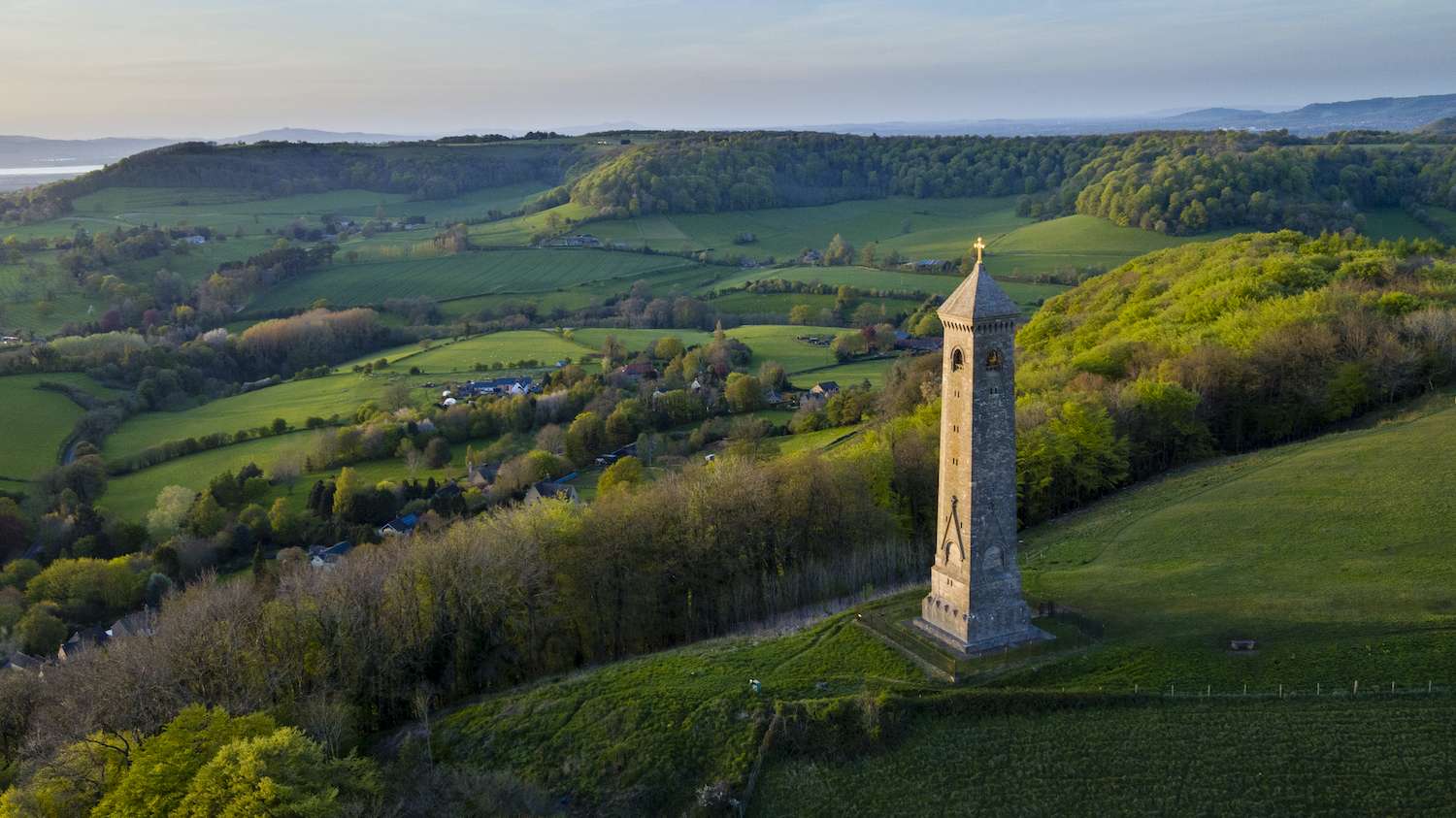 Aerial view of the Tyndale Monument &amp; the Cotswold edge, Wotton-Under-Edge, Gloucestershire, UK