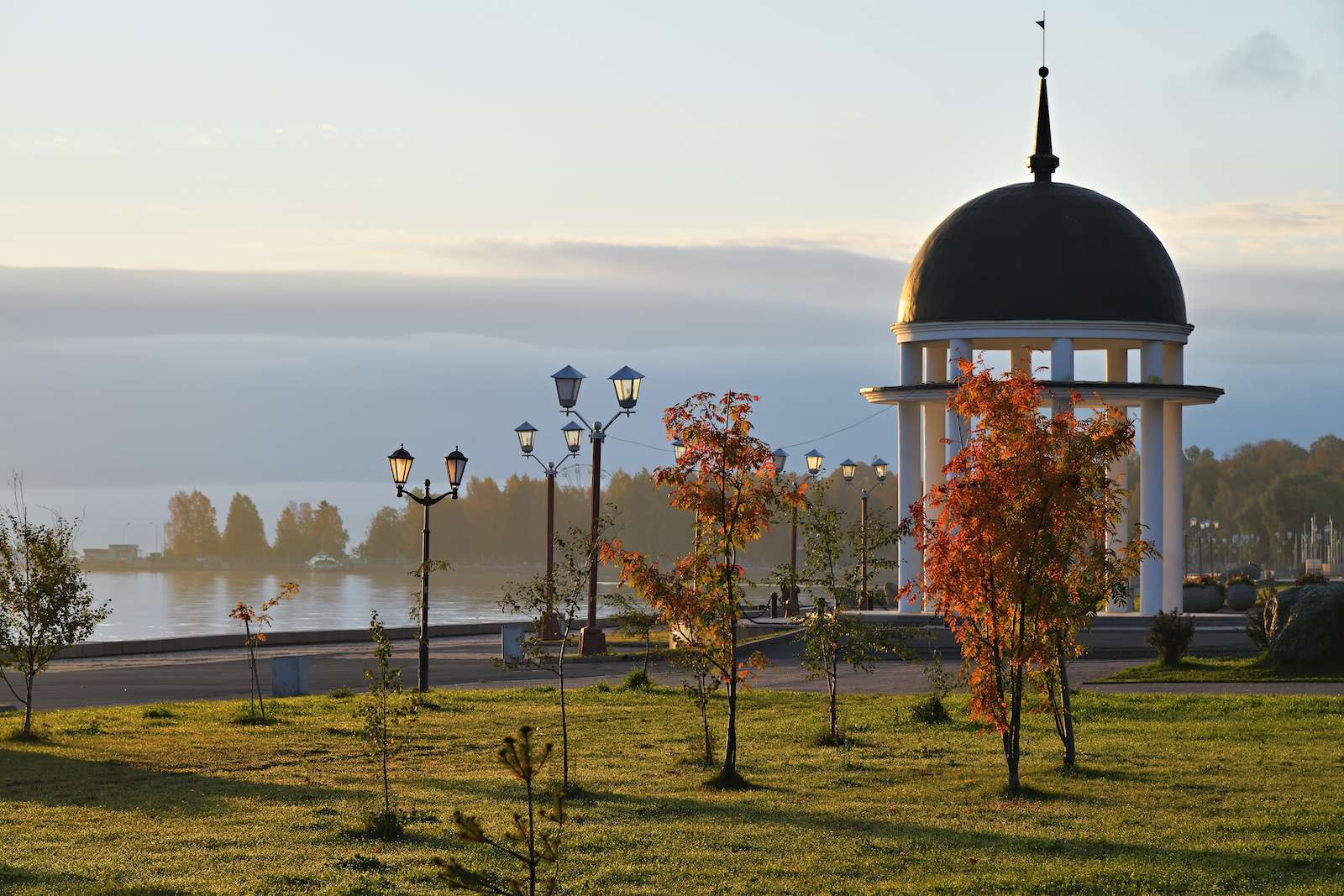 Rotunda pavilion on the embankment of Onega lake in Petrozavodsk, Karelia, Russia