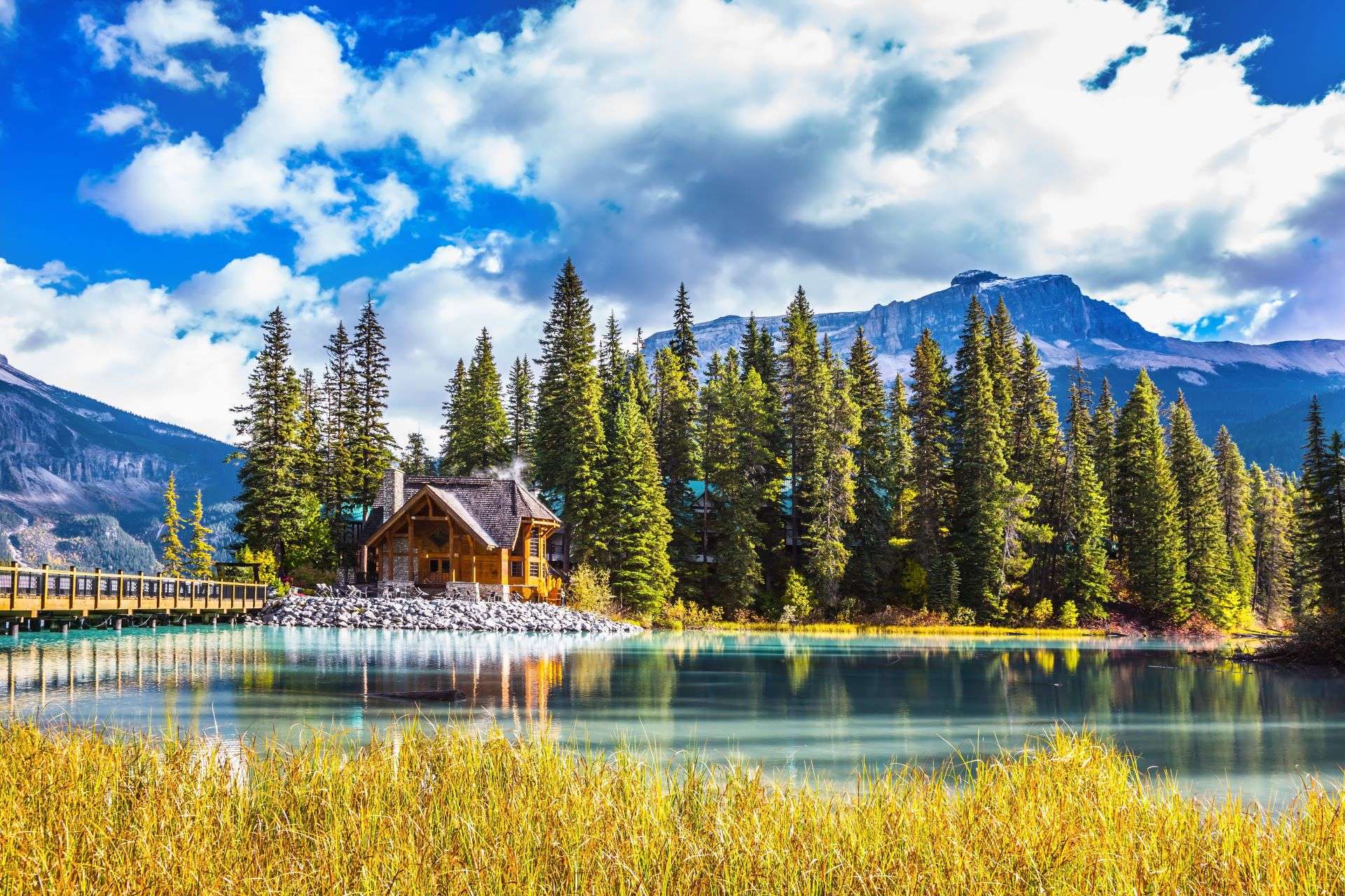 Over the Emerald Lake bridge,  Camping and a forest of fir trees. Canada's Yoho National Park