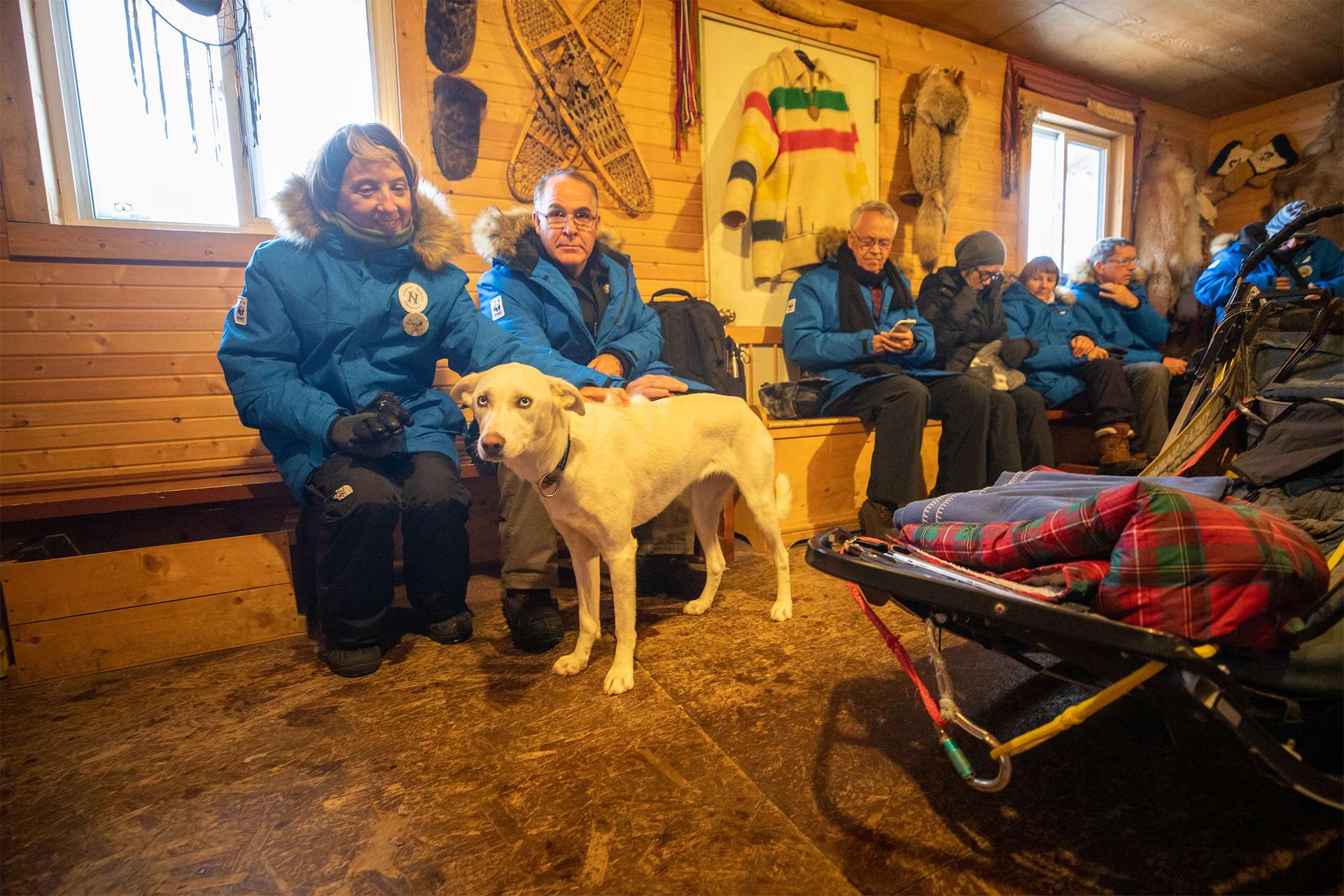 Two Nat Hab travelers smiling and petting a sled dog inside their shelter