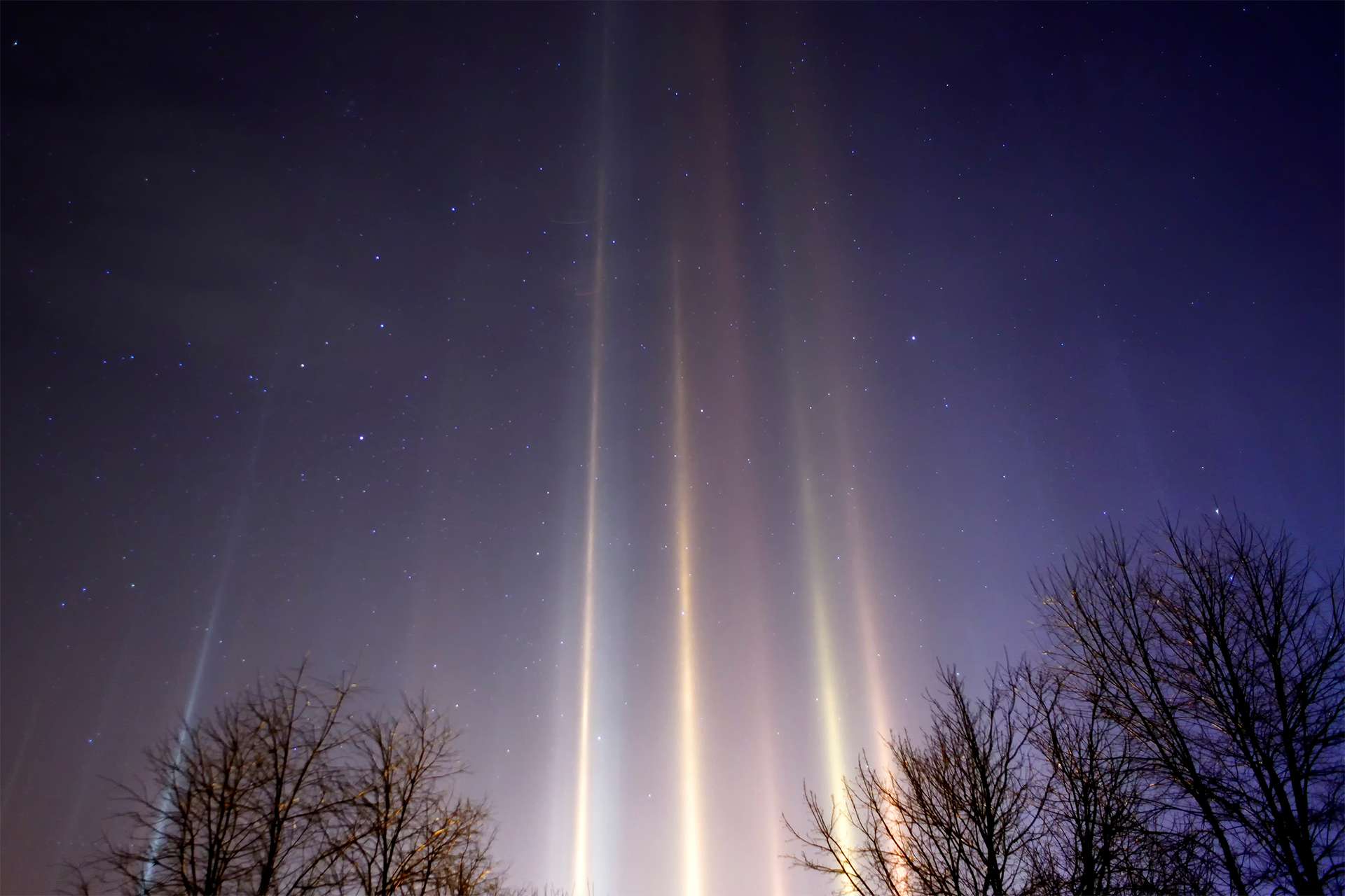 Light Pillars; The lights are from a meteorological condition where ice crystals floating in the air collect and focus the light from artificial sources into "light pillars."