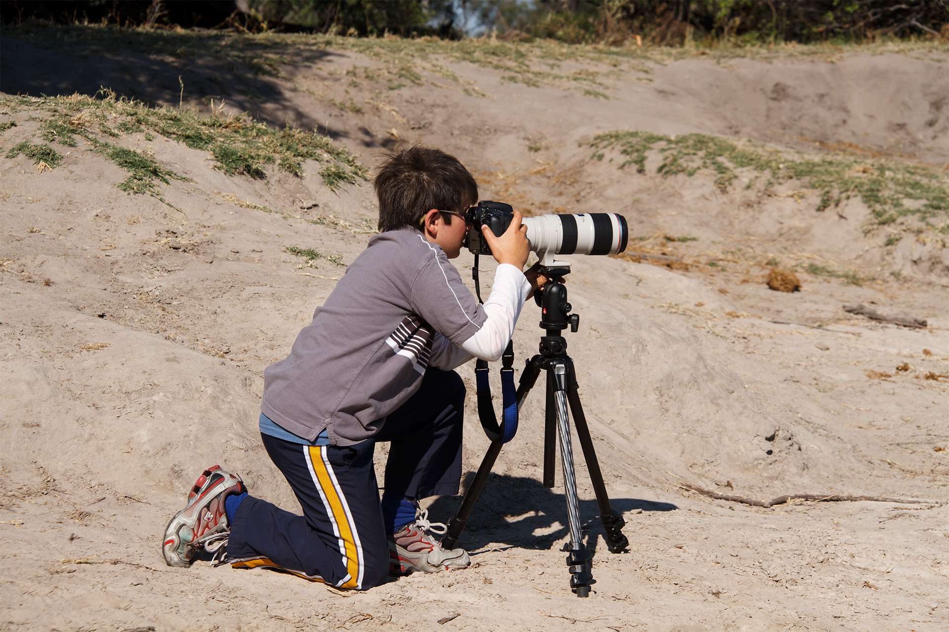 Boy learns to use wildlife camera lens 
