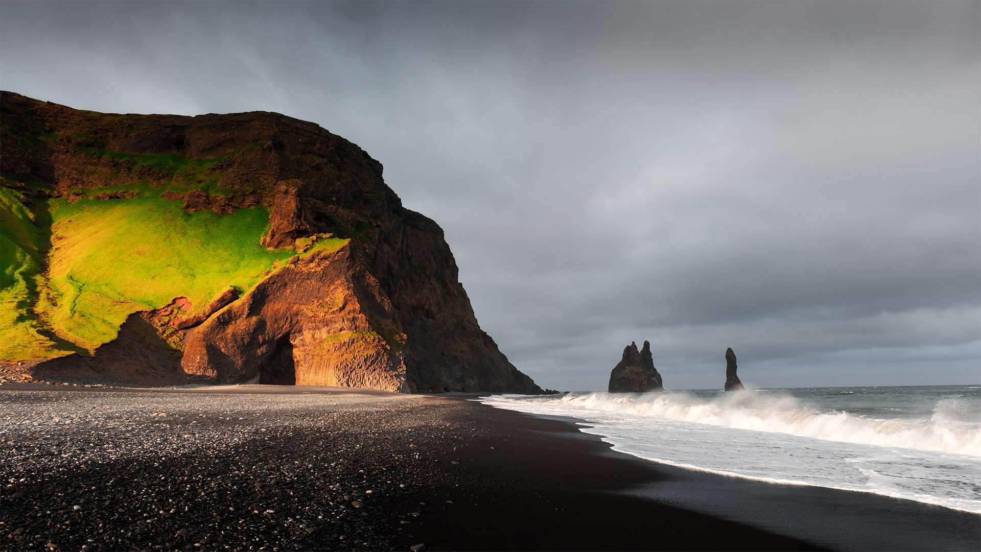 Incredible view of the Black beach and troll toes. Reynisdrangar, Vik, Iceland