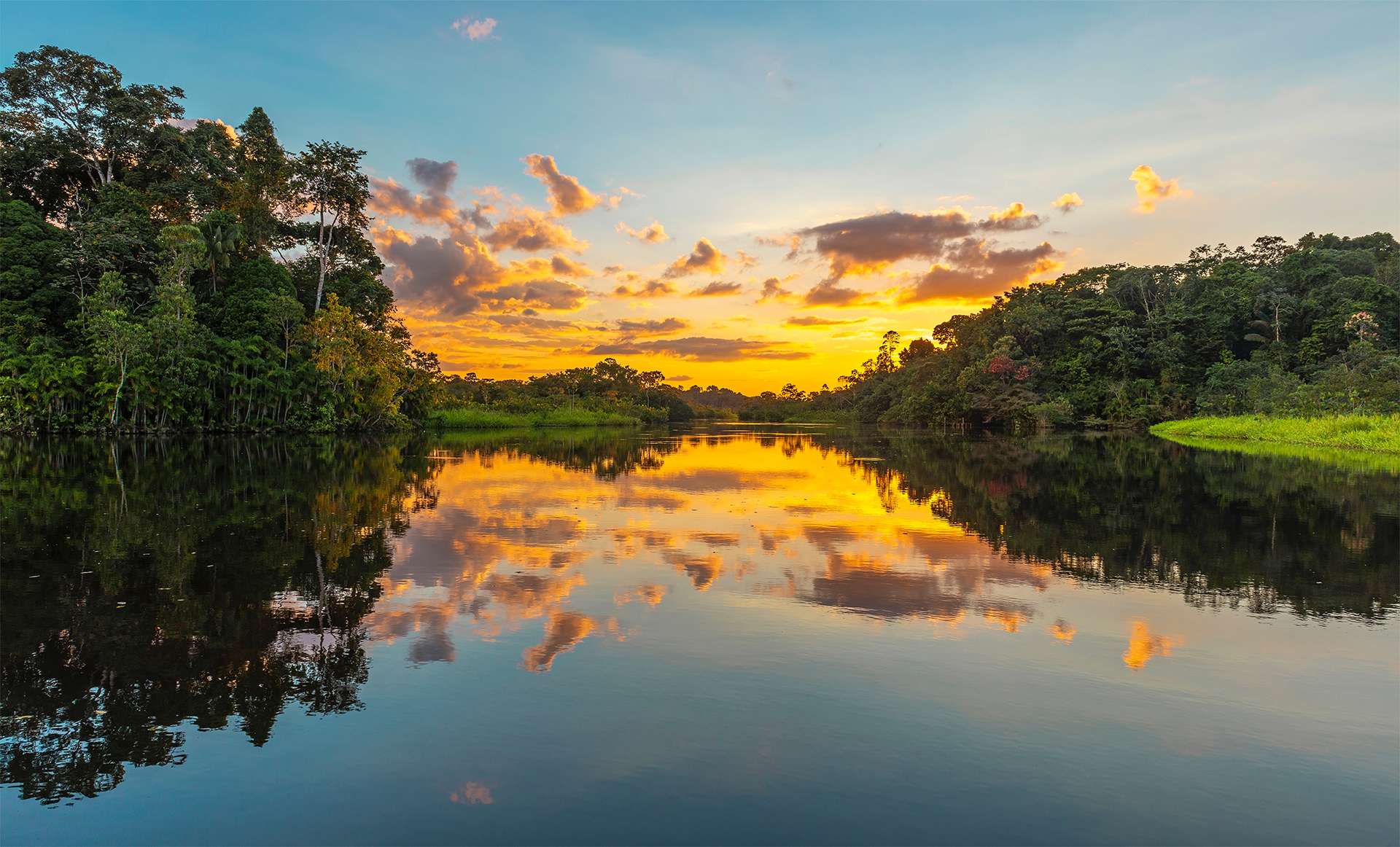 Panorama of a sunset in the Amazon Rainforest which comprise the countries of Brazil, Bolivia, Colombia, Ecuador, Guyana, Peru, Suriname and Venezuela.