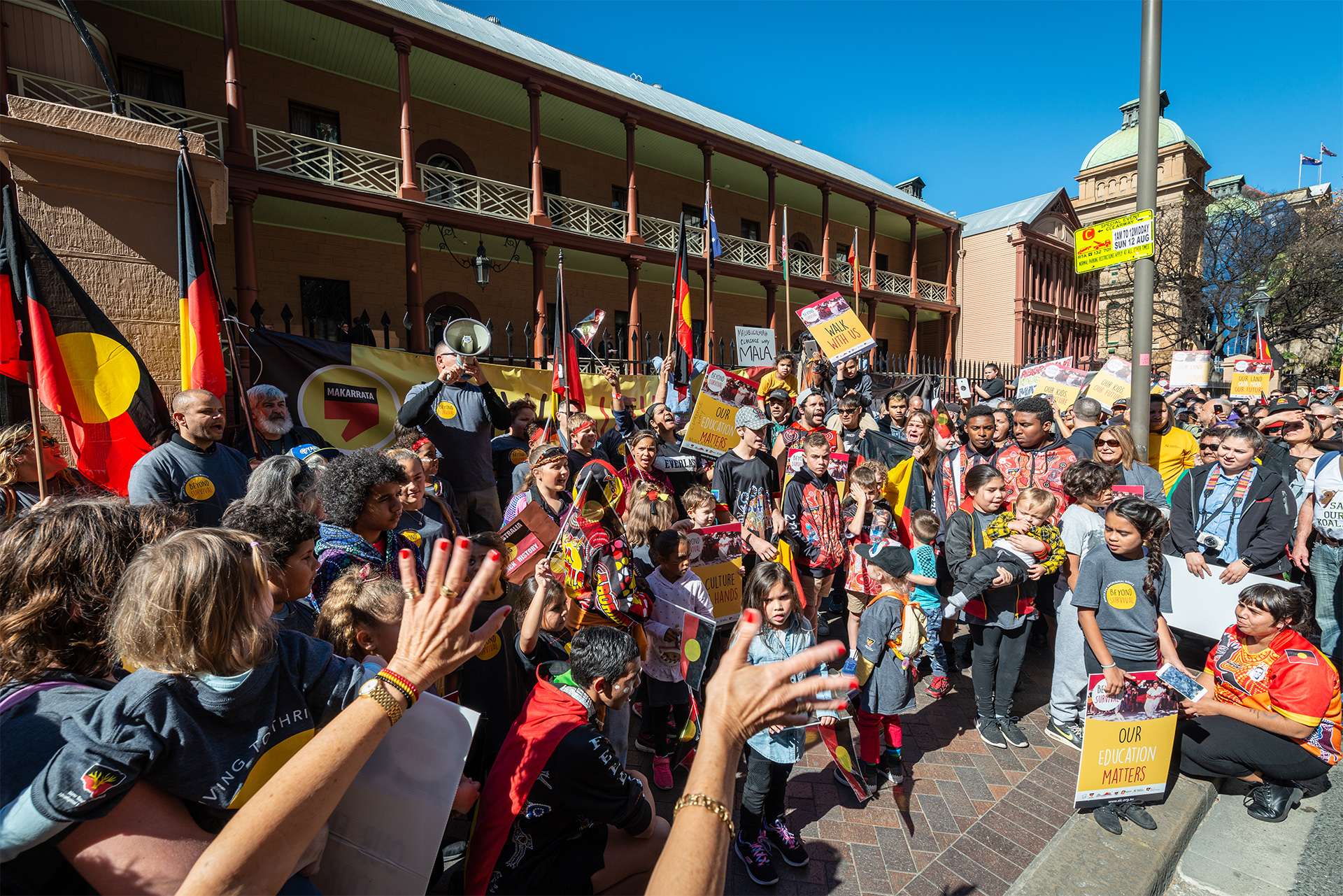 Sydney, NSW, AUSTRALIA - August 9, 2018: Indigenous rights protesters from all over New South Wales gather outside the NSW Parliament House, Sydney, on World’s Indigenous Peoples Day.