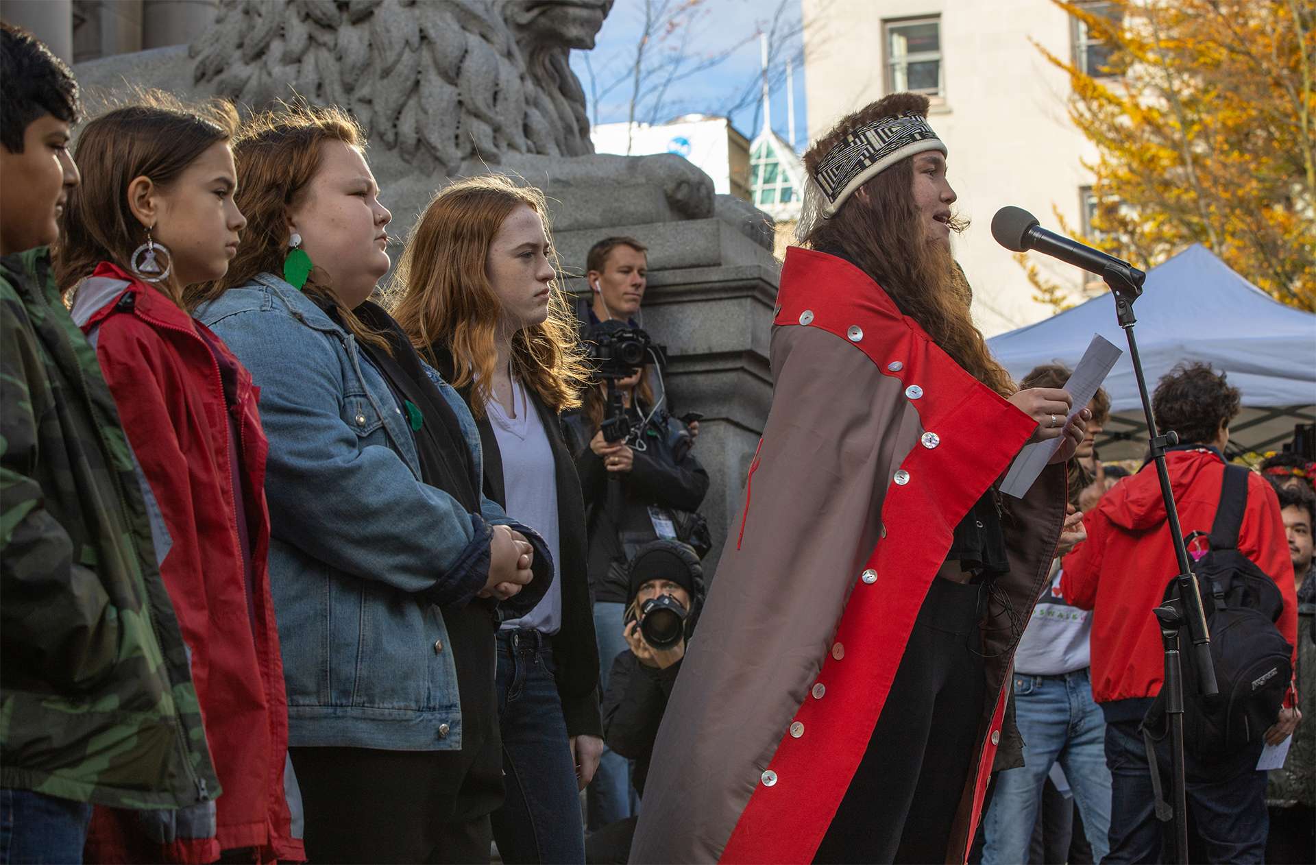 Vancouver, BC / Canada – October 25, 2019: Speakers from Canadian First Nations tribal leadership join in solidarity with Greta Thunberg to protest Canada’s inaction on global climate change.