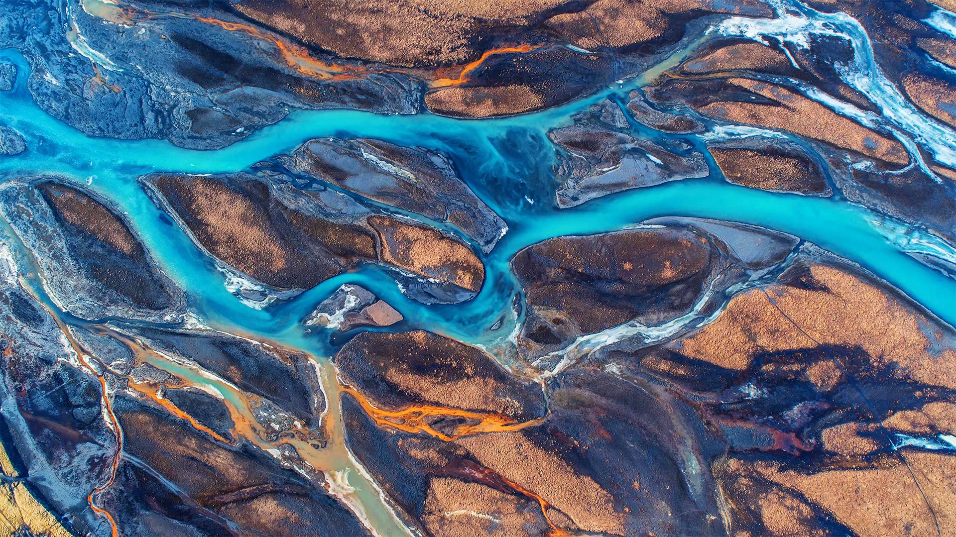 Aerial view and top view river in Iceland. Beautiful natural backdrop.