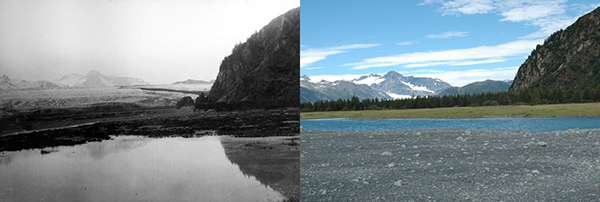 Glacier retreat is one of the most visible climate impacts. Notice the change in Alaska’s Kenai Fjords Bear Glacier from 1909 to 2005. ©National Park Service