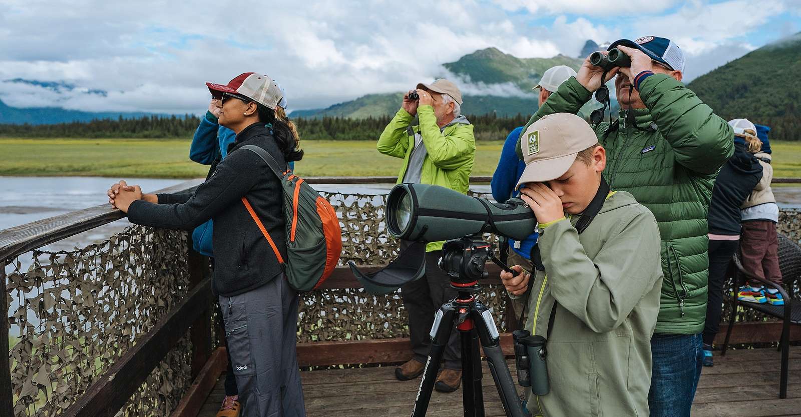 Nat Hab guests on viewing deck, Lake Clark National Park & Preserve, Alaska.