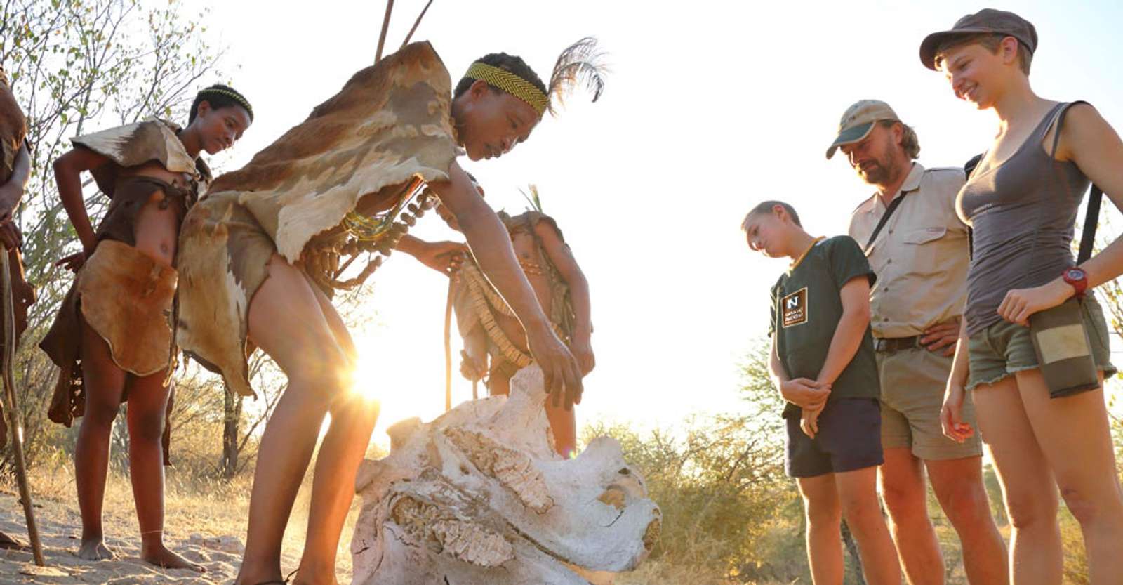 Kalahari bushmen and Nat Hab guests, Meno a Kwena, Botswana.