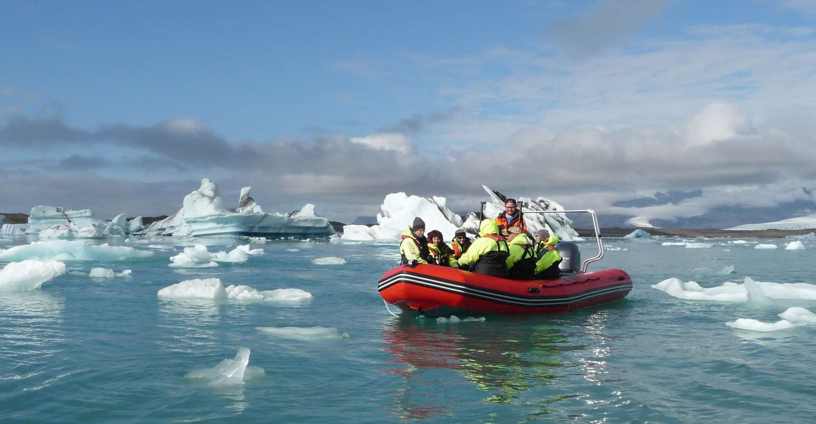 Nat Hab guests on private zodiac tour at Fjallsarlon Glacier Lagoon, Iceland.
